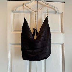 DO+BE black rayon, satin look, top with gold hardware straps, L
